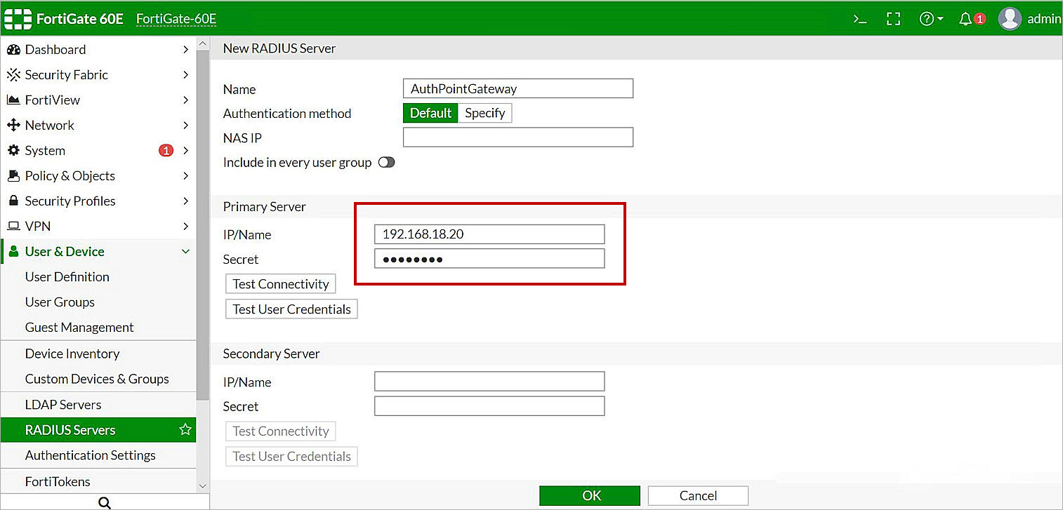 Screenshot of the RADIUS server